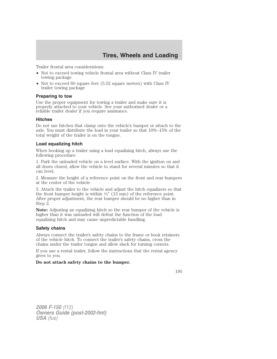 Preparing to tow, Hitches, Load equalizing hitch | Safety chains, Tires, wheels and loading | FORD 2006 F-150 v.3 User Manual | Page 195 / 336