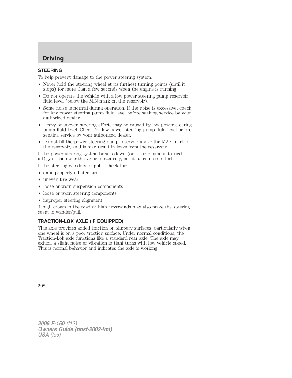 Steering, Traction-lok axle (if equipped), Driving | FORD 2006 F-150 v.3 User Manual | Page 208 / 336