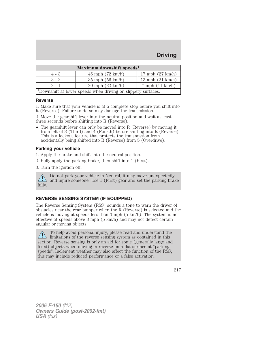 Reverse, Parking your vehicle, Reverse sensing system (if equipped) | Driving | FORD 2006 F-150 v.3 User Manual | Page 217 / 336