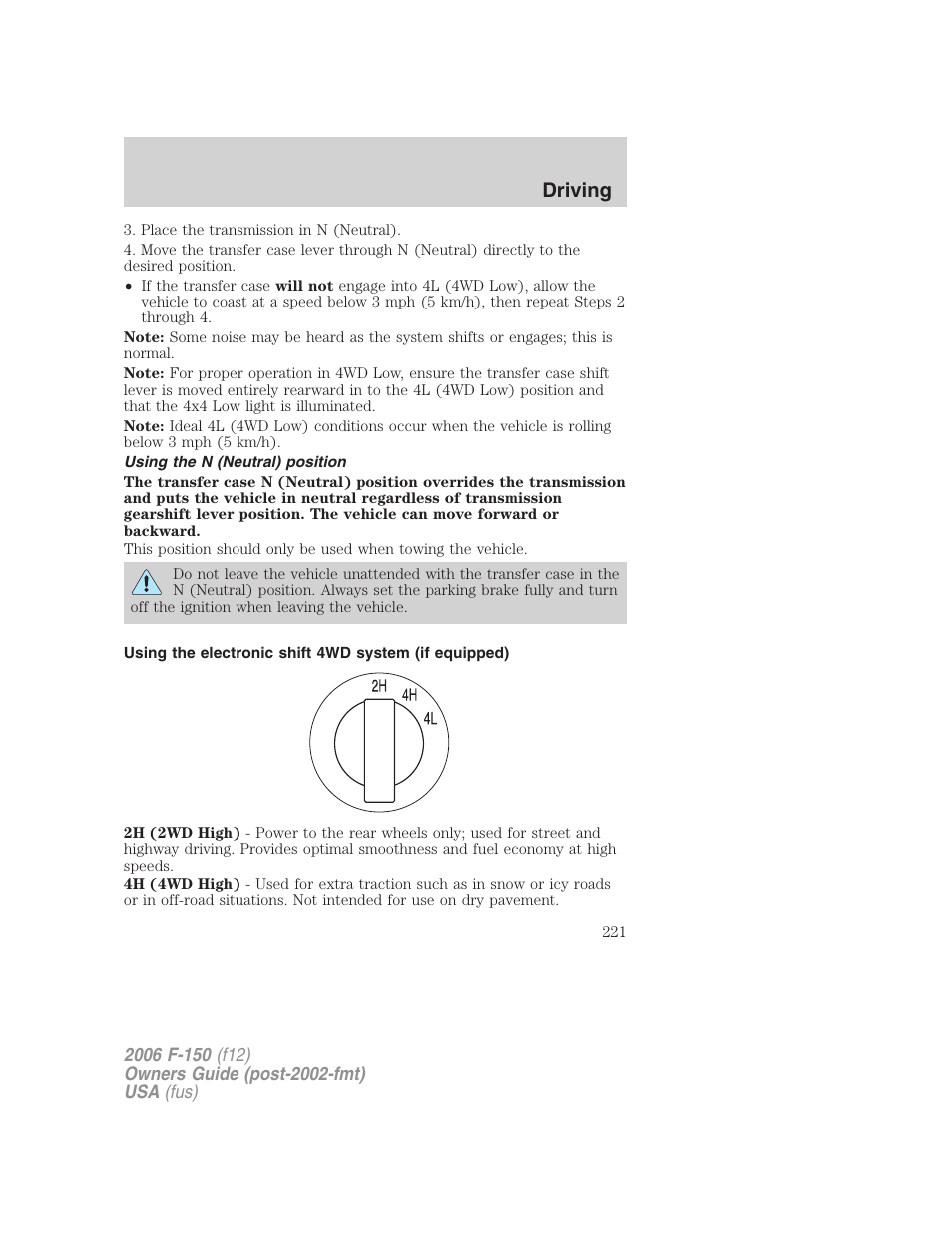 Using the n (neutral) position, Driving | FORD 2006 F-150 v.3 User Manual | Page 221 / 336