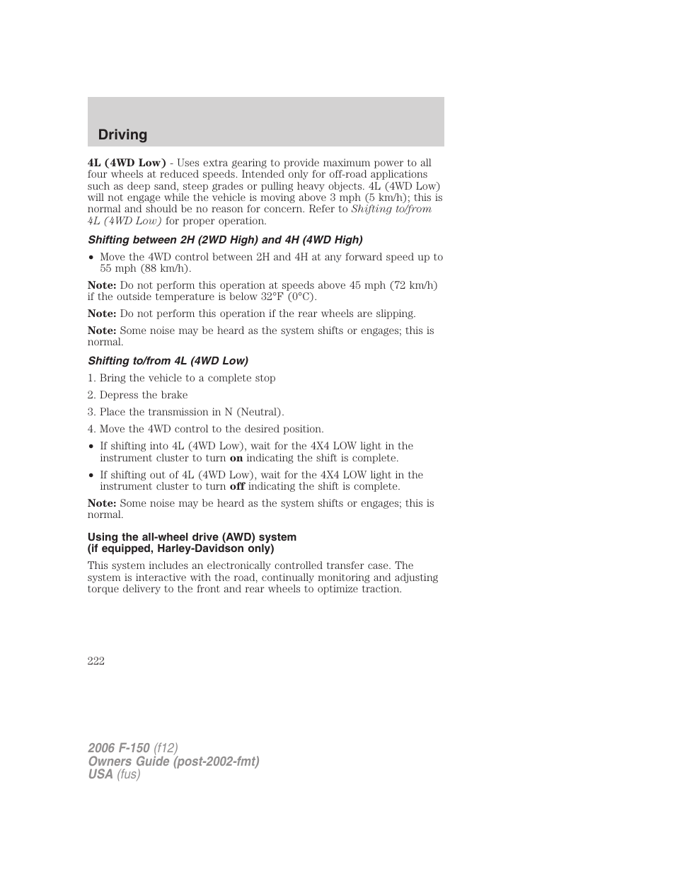 Shifting between 2h (2wd high) and 4h (4wd high), Shifting to/from 4l (4wd low), Driving | FORD 2006 F-150 v.3 User Manual | Page 222 / 336