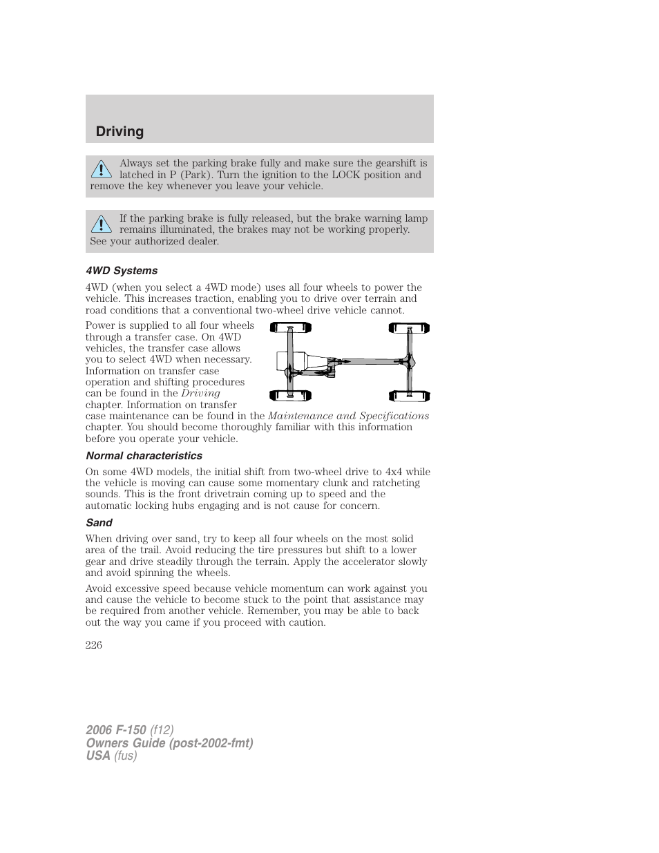 4wd systems, Normal characteristics, Sand | Driving | FORD 2006 F-150 v.3 User Manual | Page 226 / 336