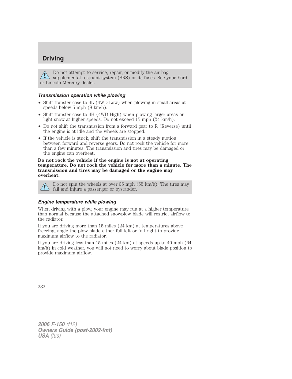 Transmission operation while plowing, Engine temperature while plowing, Driving | FORD 2006 F-150 v.3 User Manual | Page 232 / 336