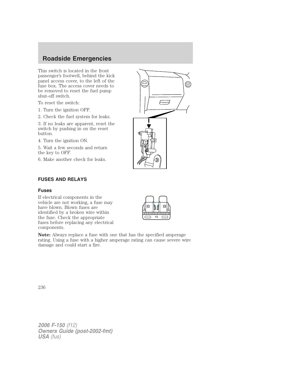 Fuses and relays, Fuses, Roadside emergencies | FORD 2006 F-150 v.3 User Manual | Page 236 / 336