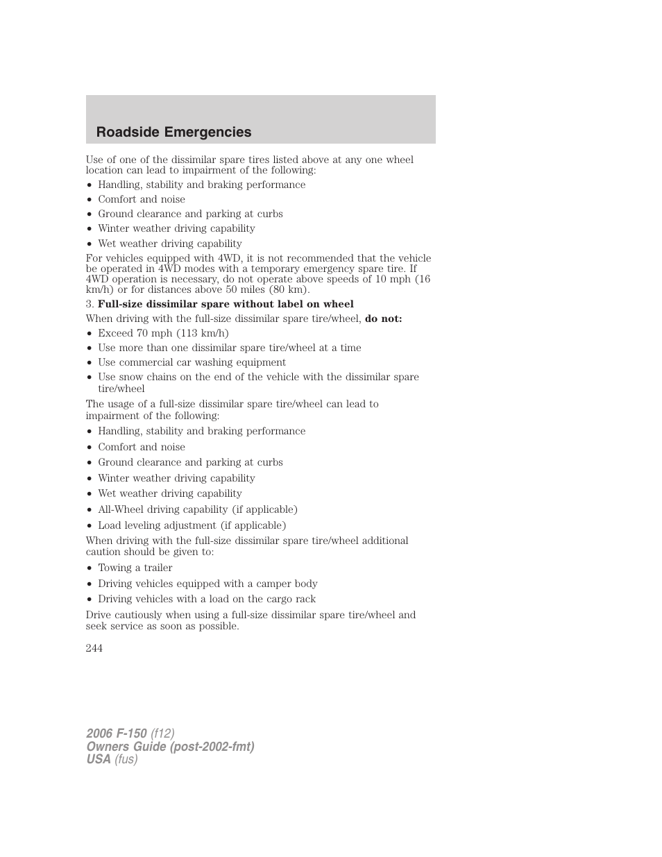 Roadside emergencies | FORD 2006 F-150 v.3 User Manual | Page 244 / 336
