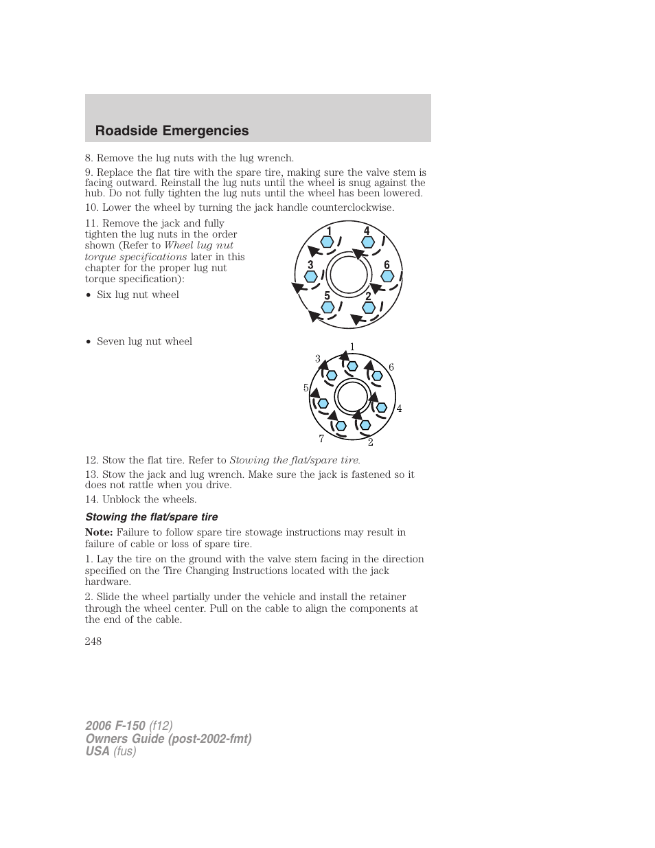 Stowing the flat/spare tire, Roadside emergencies | FORD 2006 F-150 v.3 User Manual | Page 248 / 336