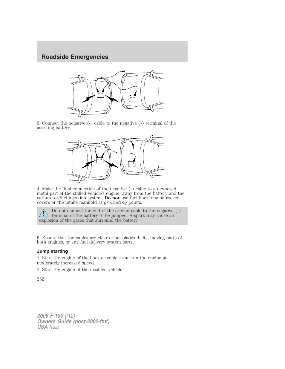 Jump starting, Roadside emergencies | FORD 2006 F-150 v.3 User Manual | Page 252 / 336