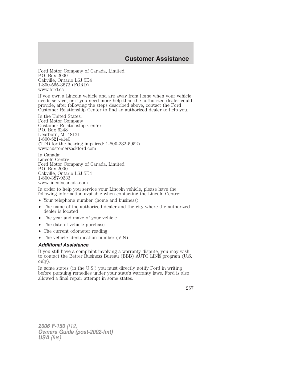 Additional assistance, Customer assistance | FORD 2006 F-150 v.3 User Manual | Page 257 / 336