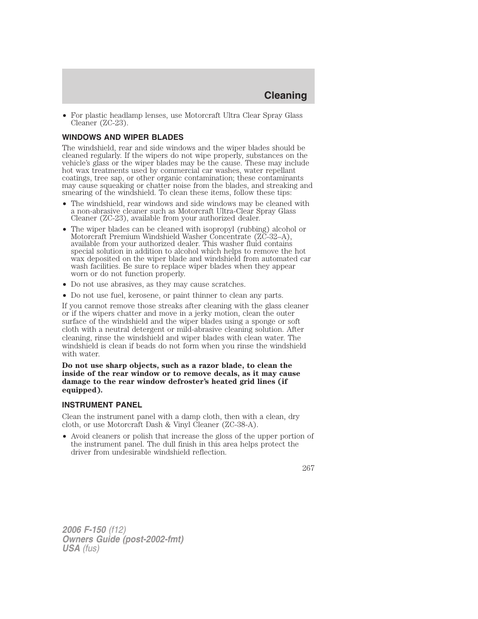 Windows and wiper blades, Instrument panel, Cleaning | FORD 2006 F-150 v.3 User Manual | Page 267 / 336