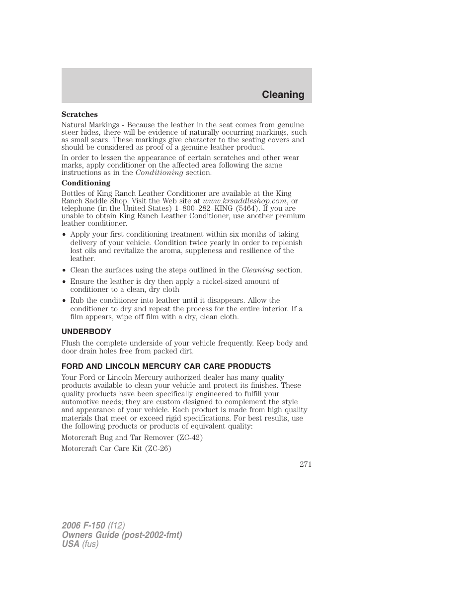 Underbody, Ford and lincoln mercury car care products, Cleaning | FORD 2006 F-150 v.3 User Manual | Page 271 / 336