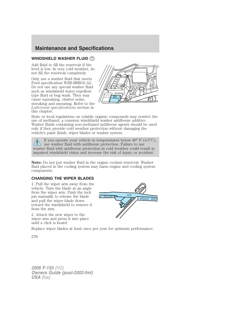 Windshield washer fluid, Changing the wiper blades, Maintenance and specifications | FORD 2006 F-150 v.3 User Manual | Page 278 / 336