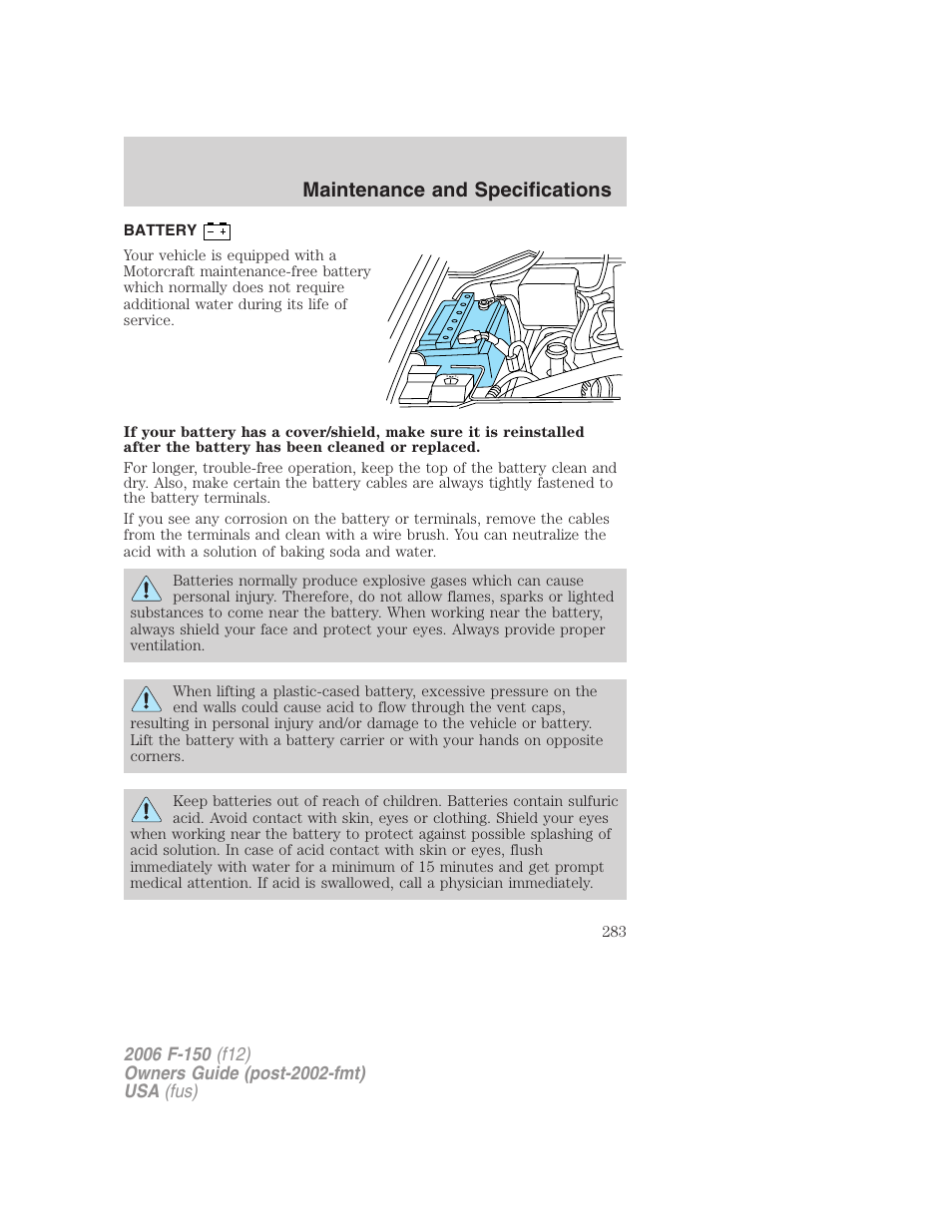 Battery, Maintenance and specifications | FORD 2006 F-150 v.3 User Manual | Page 283 / 336