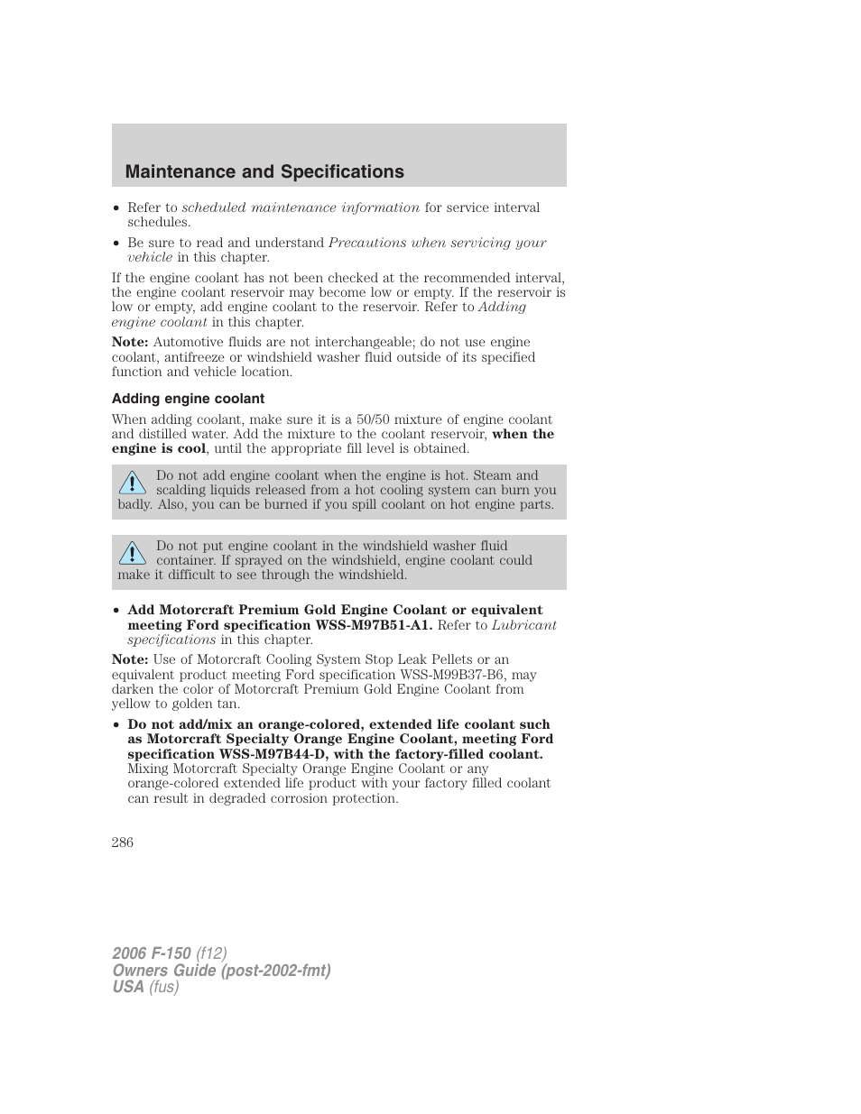 Adding engine coolant, Maintenance and specifications | FORD 2006 F-150 v.3 User Manual | Page 286 / 336