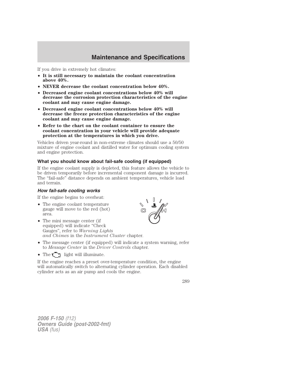 How fail-safe cooling works, Maintenance and specifications | FORD 2006 F-150 v.3 User Manual | Page 289 / 336