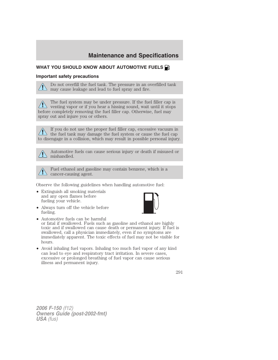 What you should know about automotive fuels, Important safety precautions, Fuel information | Maintenance and specifications | FORD 2006 F-150 v.3 User Manual | Page 291 / 336