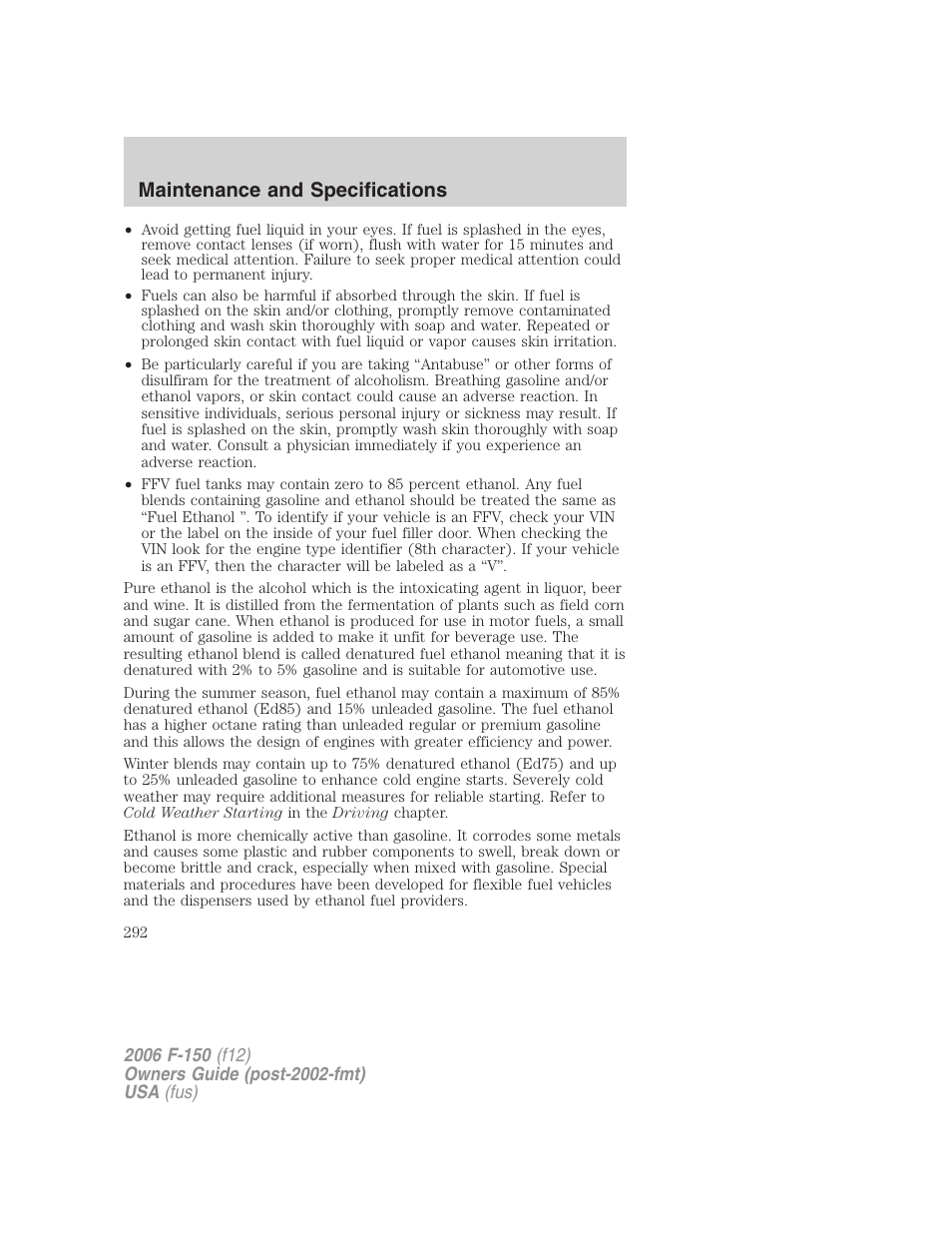 Maintenance and specifications | FORD 2006 F-150 v.3 User Manual | Page 292 / 336