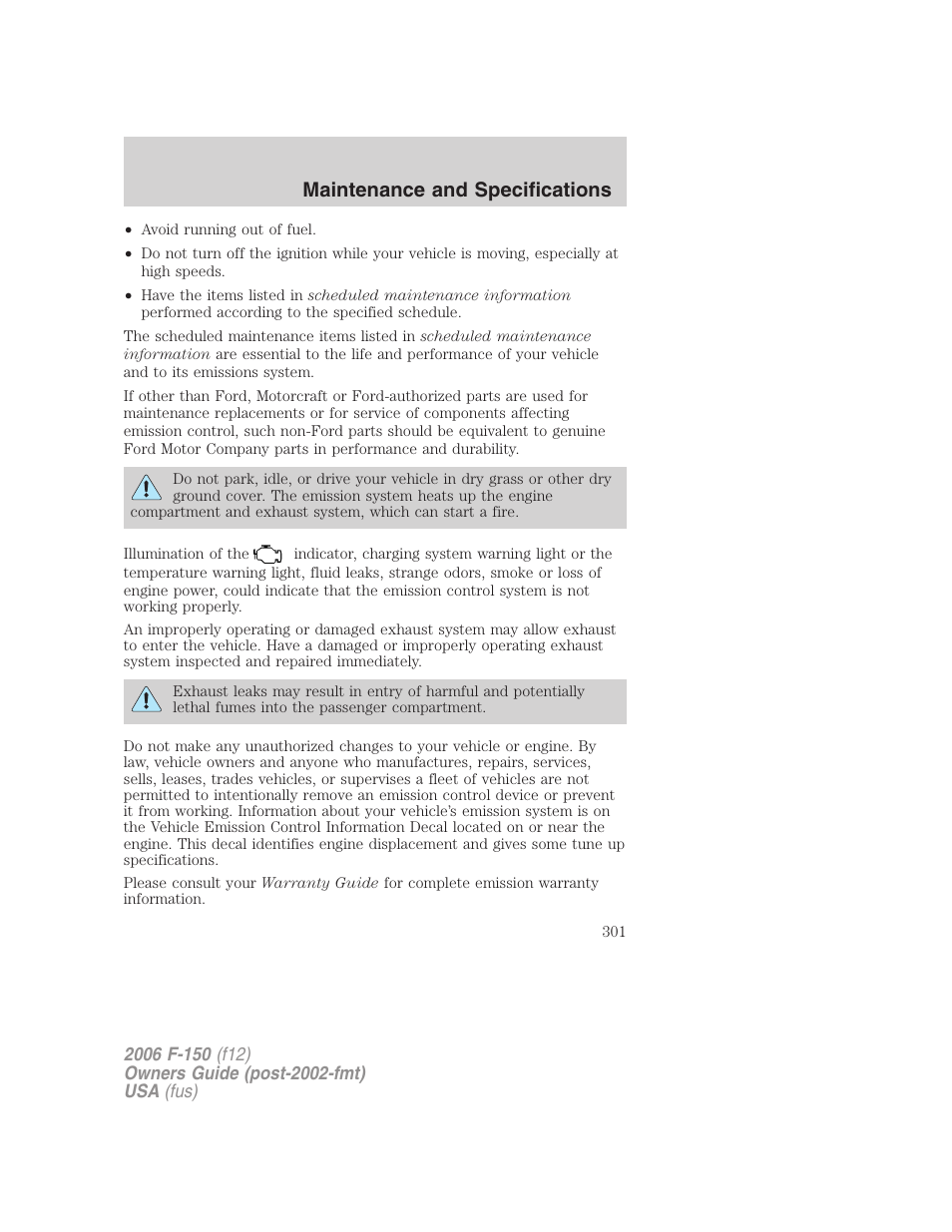 Maintenance and specifications | FORD 2006 F-150 v.3 User Manual | Page 301 / 336