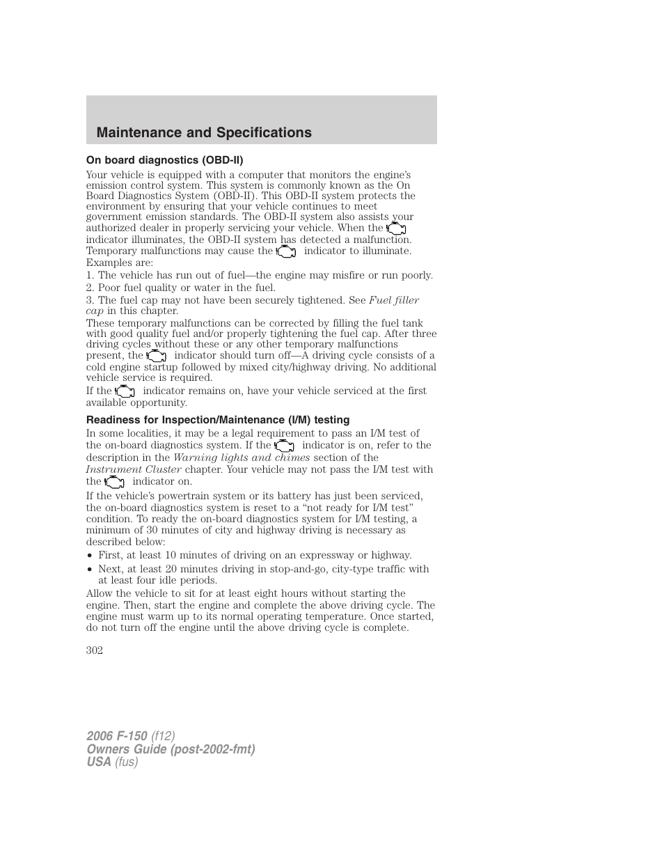 On board diagnostics (obd-ii), Readiness for inspection/maintenance (i/m) testing, Maintenance and specifications | FORD 2006 F-150 v.3 User Manual | Page 302 / 336