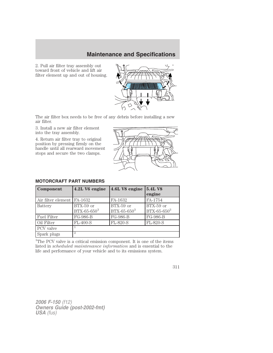 Motorcraft part numbers, Part numbers, Maintenance and specifications | FORD 2006 F-150 v.3 User Manual | Page 311 / 336