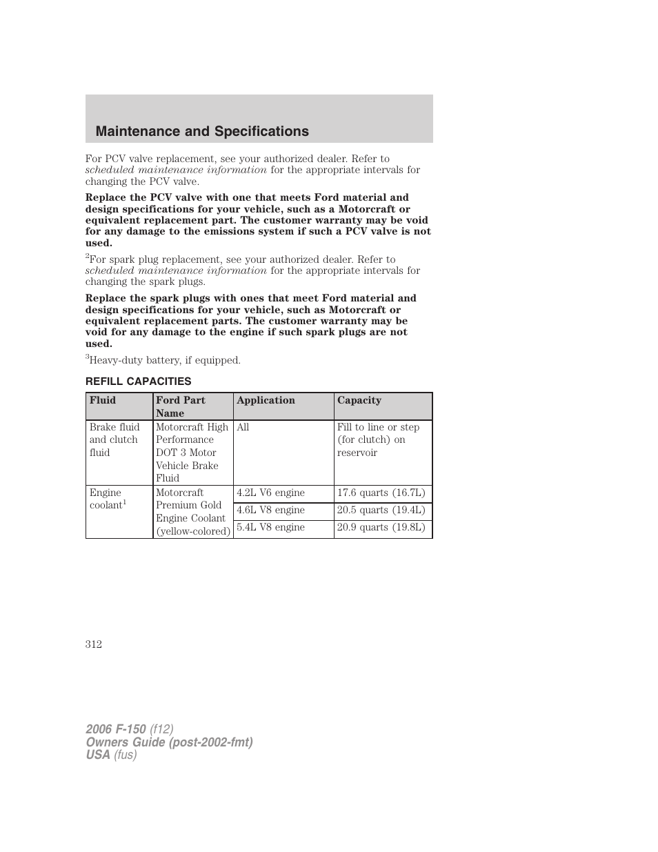 Refill capacities, Maintenance and specifications | FORD 2006 F-150 v.3 User Manual | Page 312 / 336
