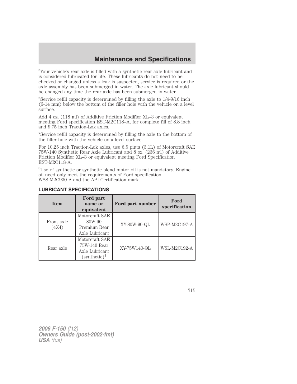 Lubricant specifications, Maintenance and specifications | FORD 2006 F-150 v.3 User Manual | Page 315 / 336