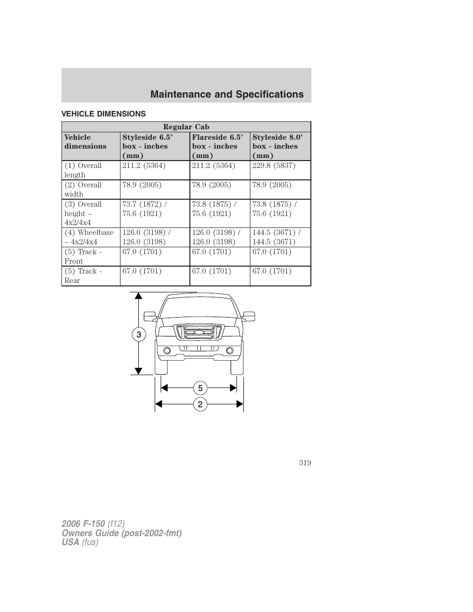 Vehicle dimensions, Maintenance and specifications | FORD 2006 F-150 v.3 User Manual | Page 319 / 336