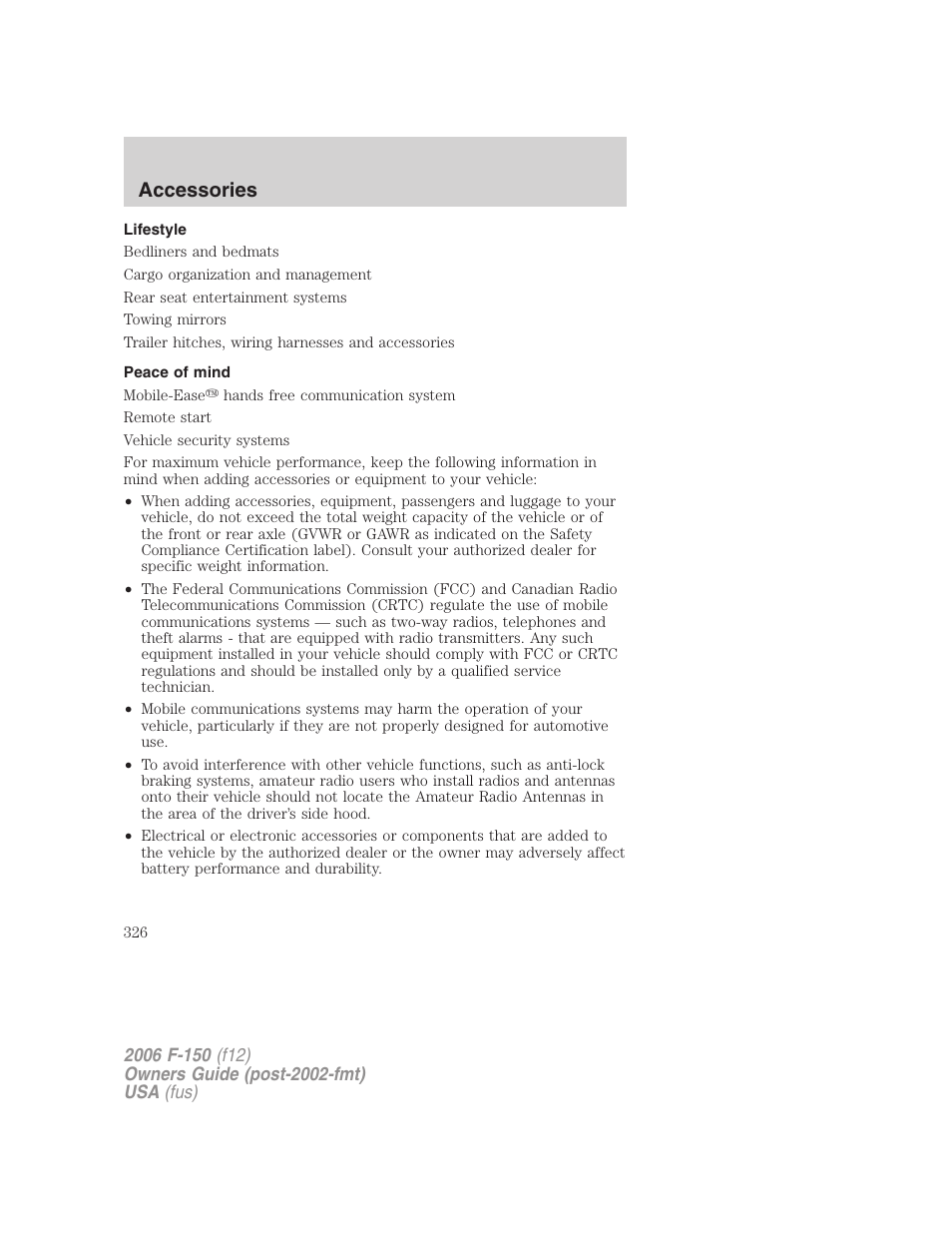Lifestyle, Peace of mind, Accessories | FORD 2006 F-150 v.3 User Manual | Page 326 / 336