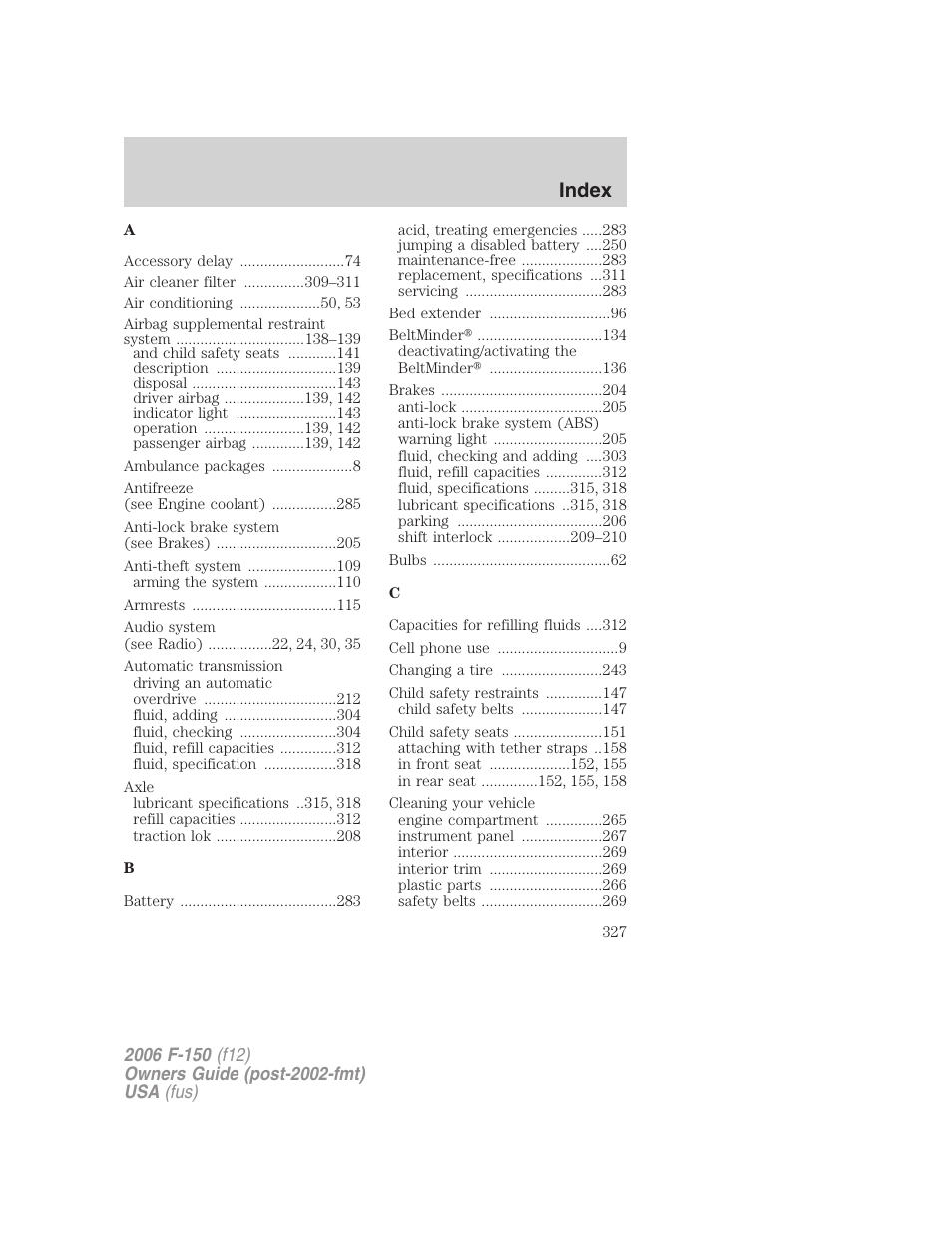 Index | FORD 2006 F-150 v.3 User Manual | Page 327 / 336