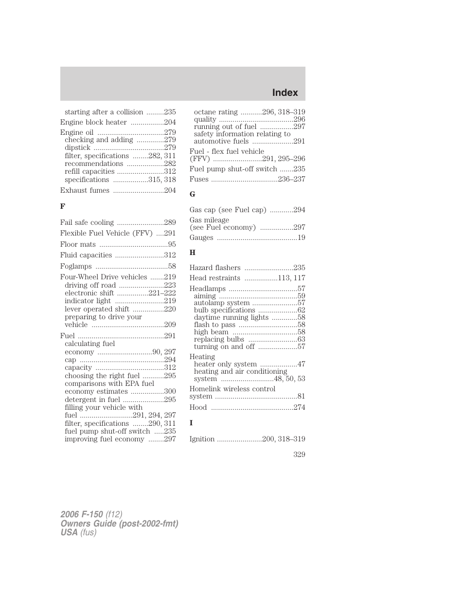 Index | FORD 2006 F-150 v.3 User Manual | Page 329 / 336