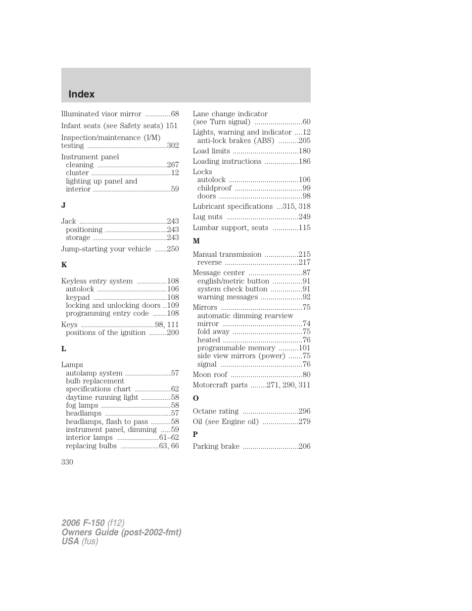 Index | FORD 2006 F-150 v.3 User Manual | Page 330 / 336