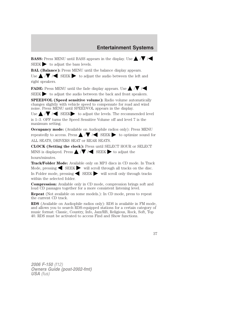 Entertainment systems | FORD 2006 F-150 v.3 User Manual | Page 37 / 336