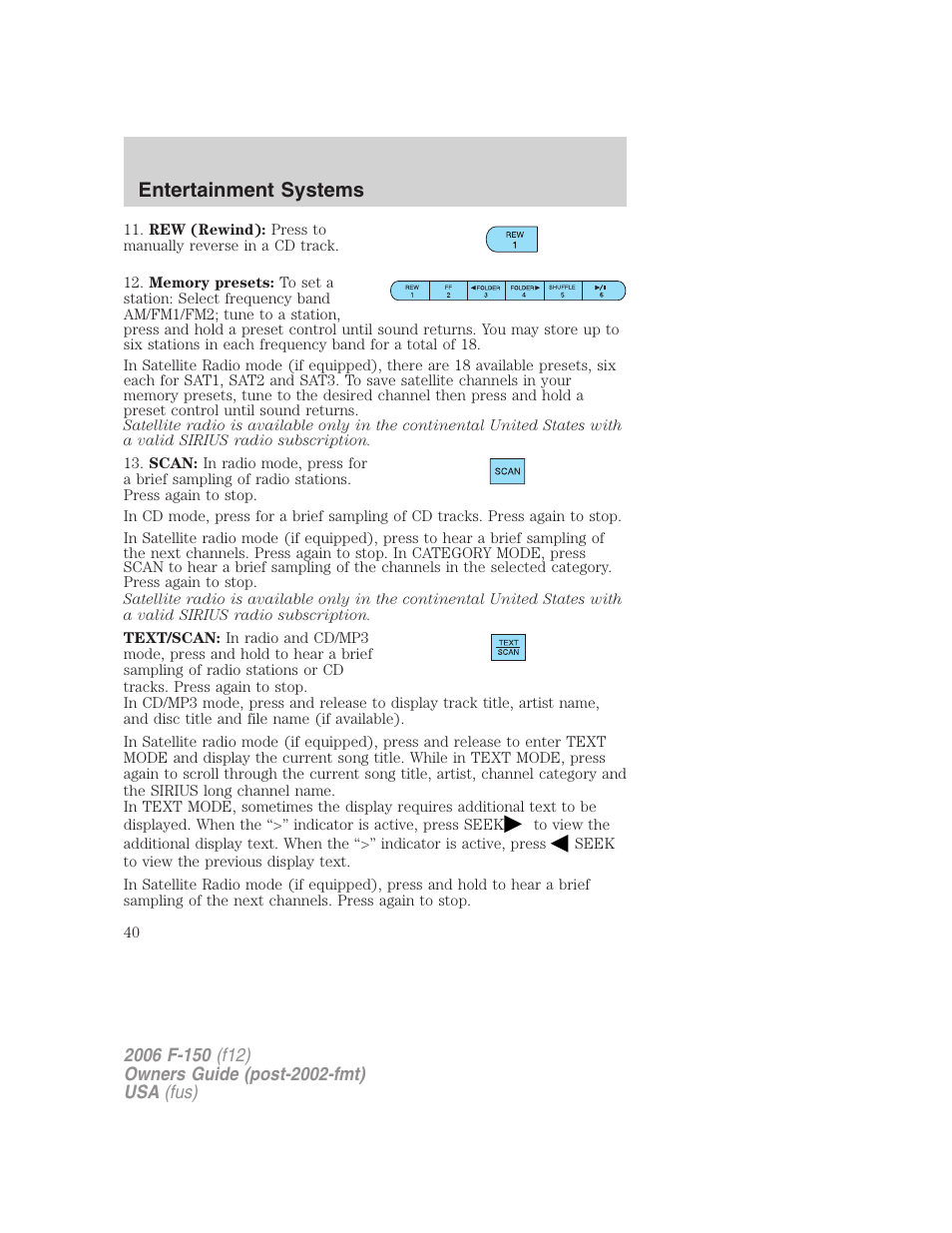 Entertainment systems | FORD 2006 F-150 v.3 User Manual | Page 40 / 336