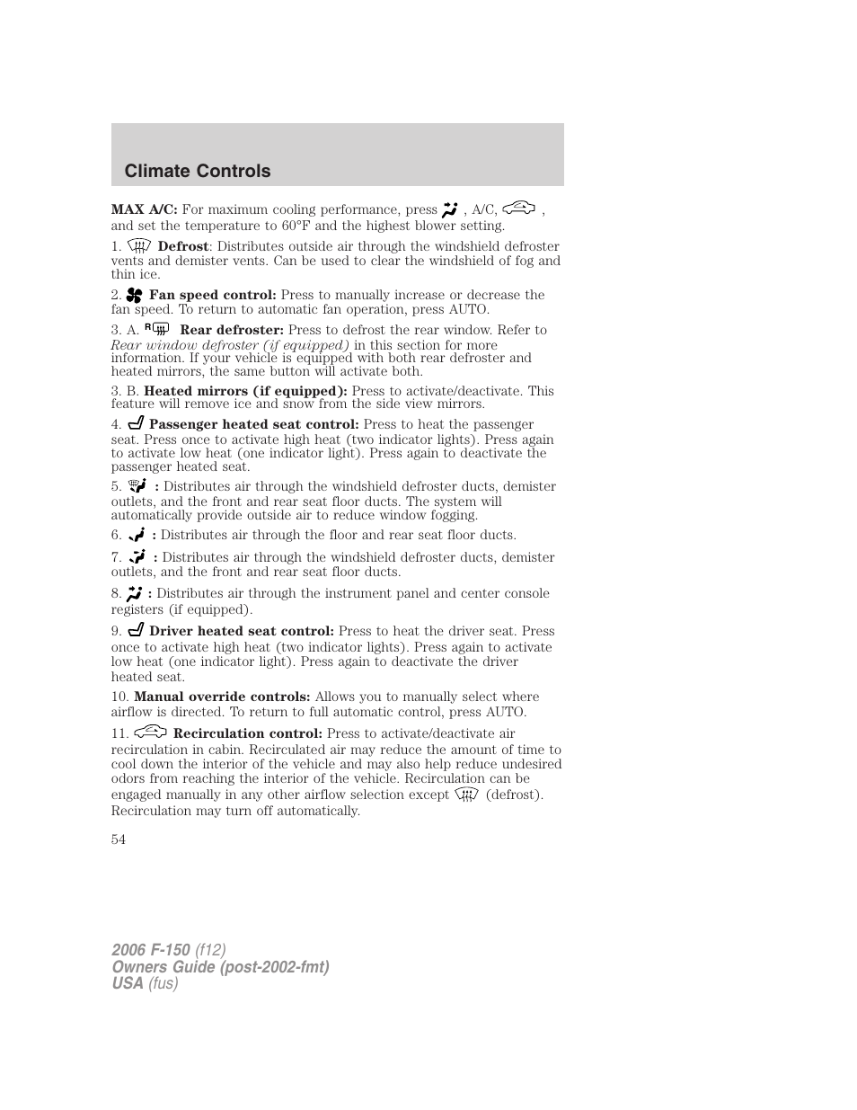 Climate controls | FORD 2006 F-150 v.3 User Manual | Page 54 / 336