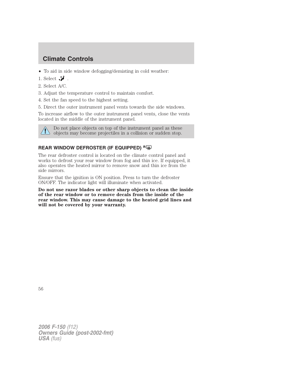 Rear window defroster (if equipped), Rear window defroster, Climate controls | FORD 2006 F-150 v.3 User Manual | Page 56 / 336