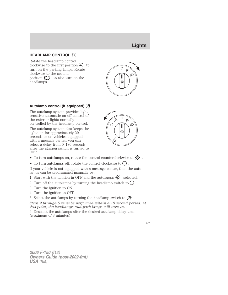 Lights, Headlamp control, Autolamp control (if equipped) | Headlamps | FORD 2006 F-150 v.3 User Manual | Page 57 / 336