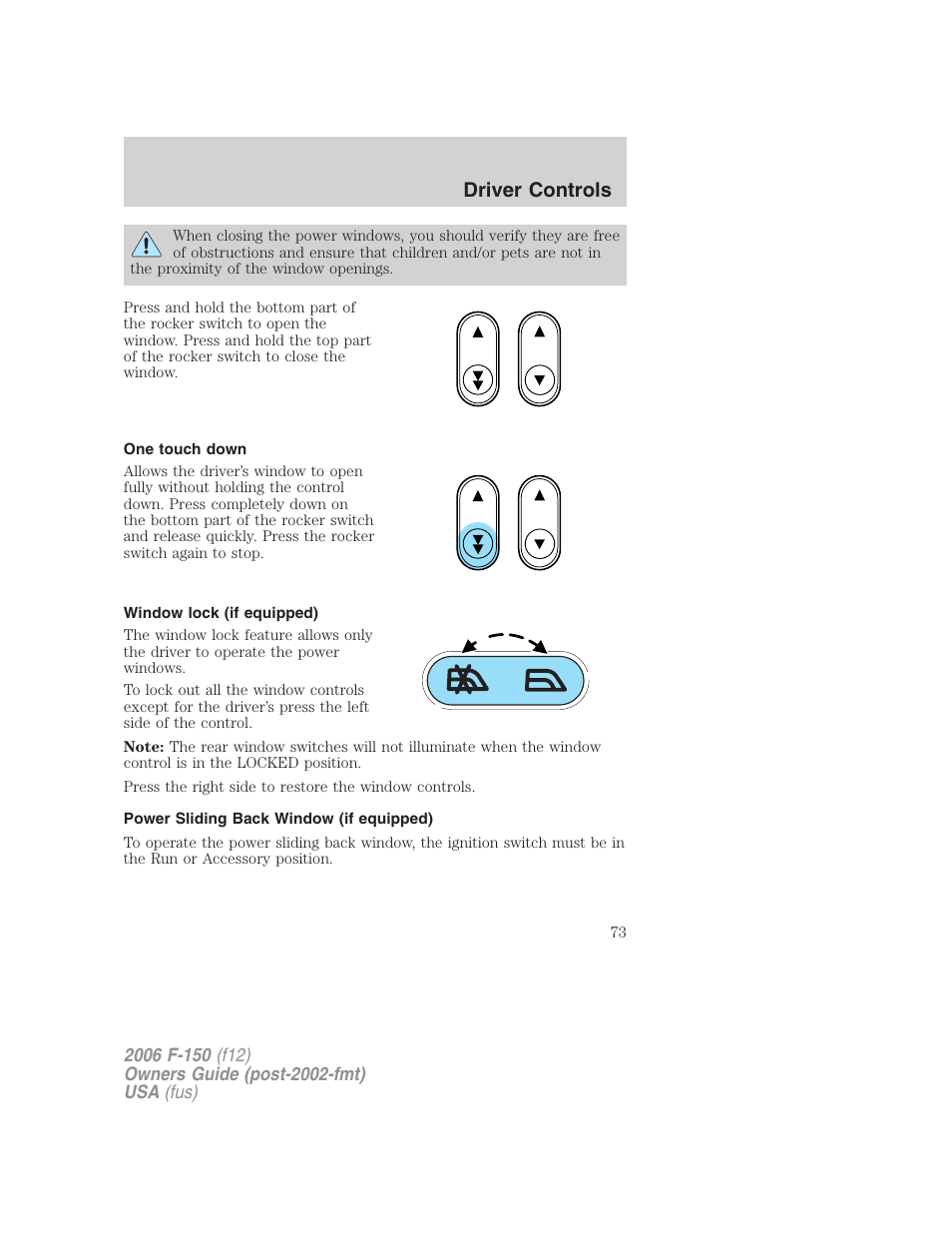 One touch down, Window lock (if equipped), Power sliding back window (if equipped) | Driver controls | FORD 2006 F-150 v.3 User Manual | Page 73 / 336