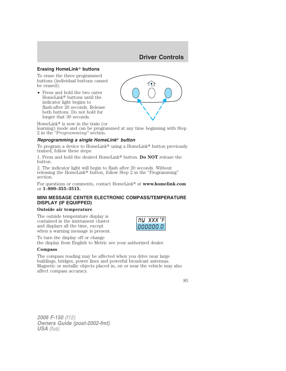 Erasing homelink buttons, Reprogramming a single homelink button, Driver controls | FORD 2006 F-150 v.3 User Manual | Page 85 / 336