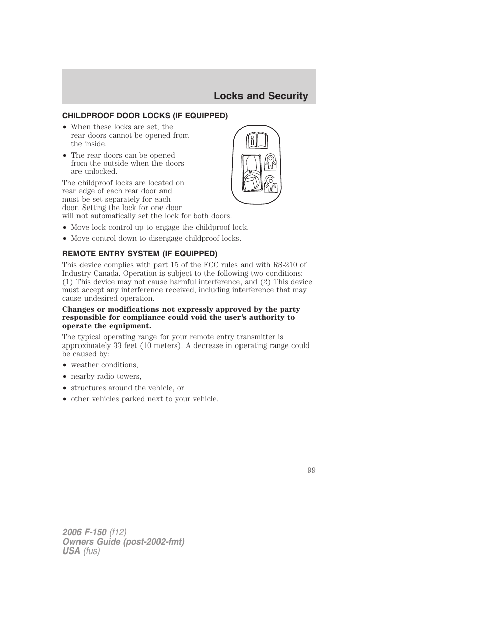 Childproof door locks (if equipped), Remote entry system (if equipped), Locks and security | FORD 2006 F-150 v.3 User Manual | Page 99 / 336