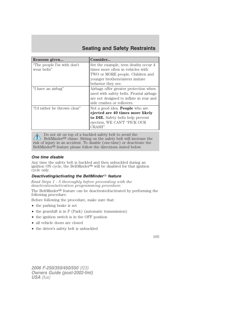 One time disable, Deactivating/activating the beltminder feature, Seating and safety restraints | FORD 2006 F-550 v.1 User Manual | Page 105 / 312