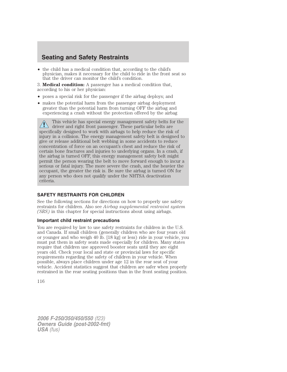 Safety restraints for children, Important child restraint precautions, Child restraints | Seating and safety restraints | FORD 2006 F-550 v.1 User Manual | Page 116 / 312