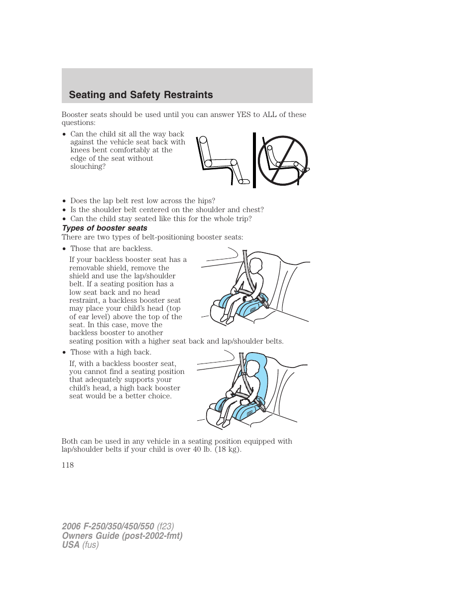 Types of booster seats, Seating and safety restraints | FORD 2006 F-550 v.1 User Manual | Page 118 / 312