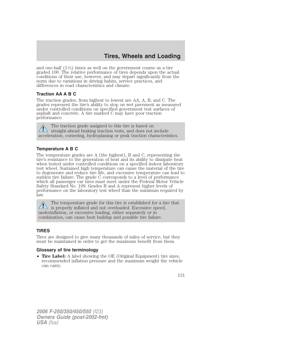 Traction aa a b c, Temperature a b c, Tires | Glossary of tire terminology, Tire information, Tires, wheels and loading | FORD 2006 F-550 v.1 User Manual | Page 131 / 312