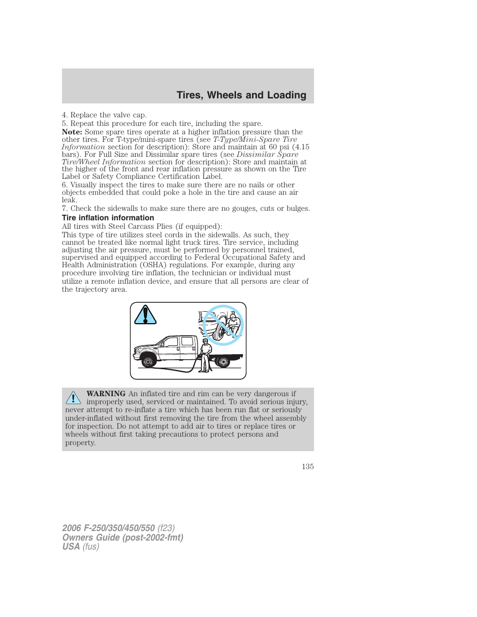 Tire inflation information, Tires, wheels and loading | FORD 2006 F-550 v.1 User Manual | Page 135 / 312