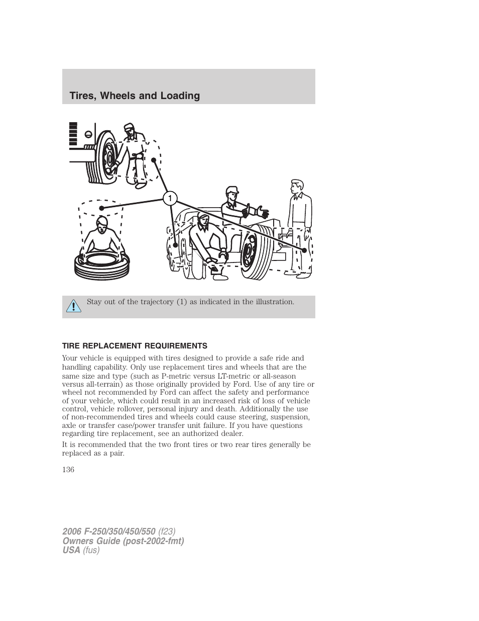 Tire replacement requirements, Tires, wheels and loading | FORD 2006 F-550 v.1 User Manual | Page 136 / 312