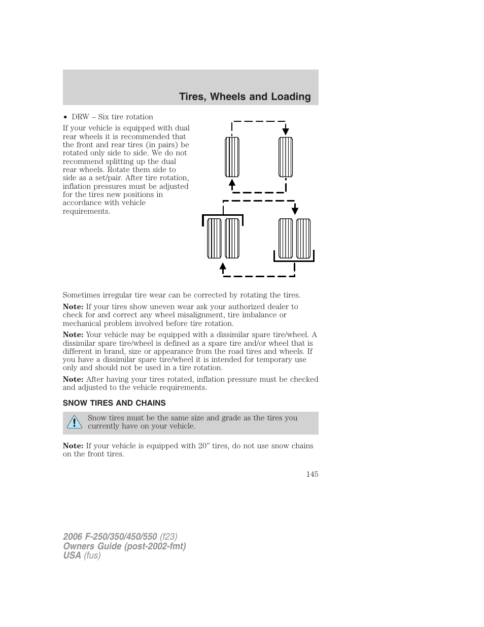 Snow tires and chains, Tires, wheels and loading | FORD 2006 F-550 v.1 User Manual | Page 145 / 312