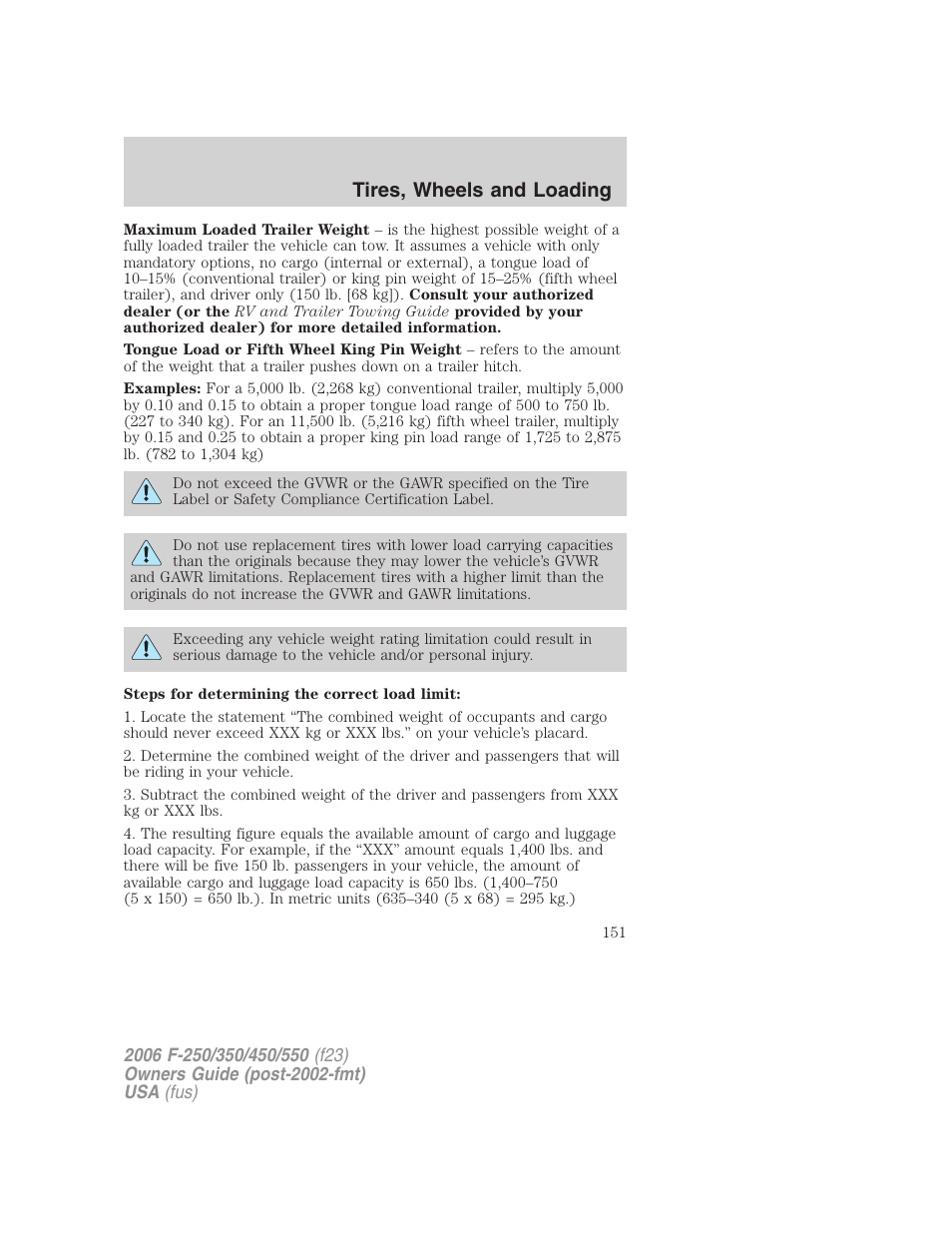 Tires, wheels and loading | FORD 2006 F-550 v.1 User Manual | Page 151 / 312