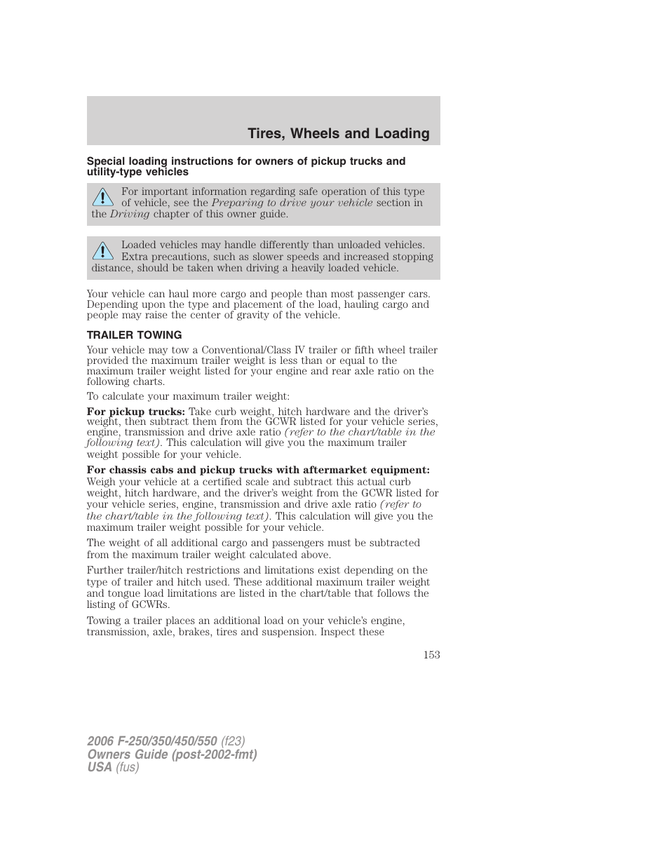 Trailer towing, Tires, wheels and loading | FORD 2006 F-550 v.1 User Manual | Page 153 / 312