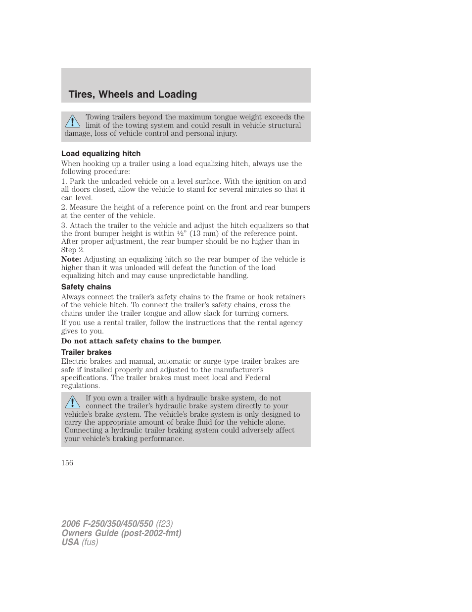 Load equalizing hitch, Safety chains, Trailer brakes | Tires, wheels and loading | FORD 2006 F-550 v.1 User Manual | Page 156 / 312