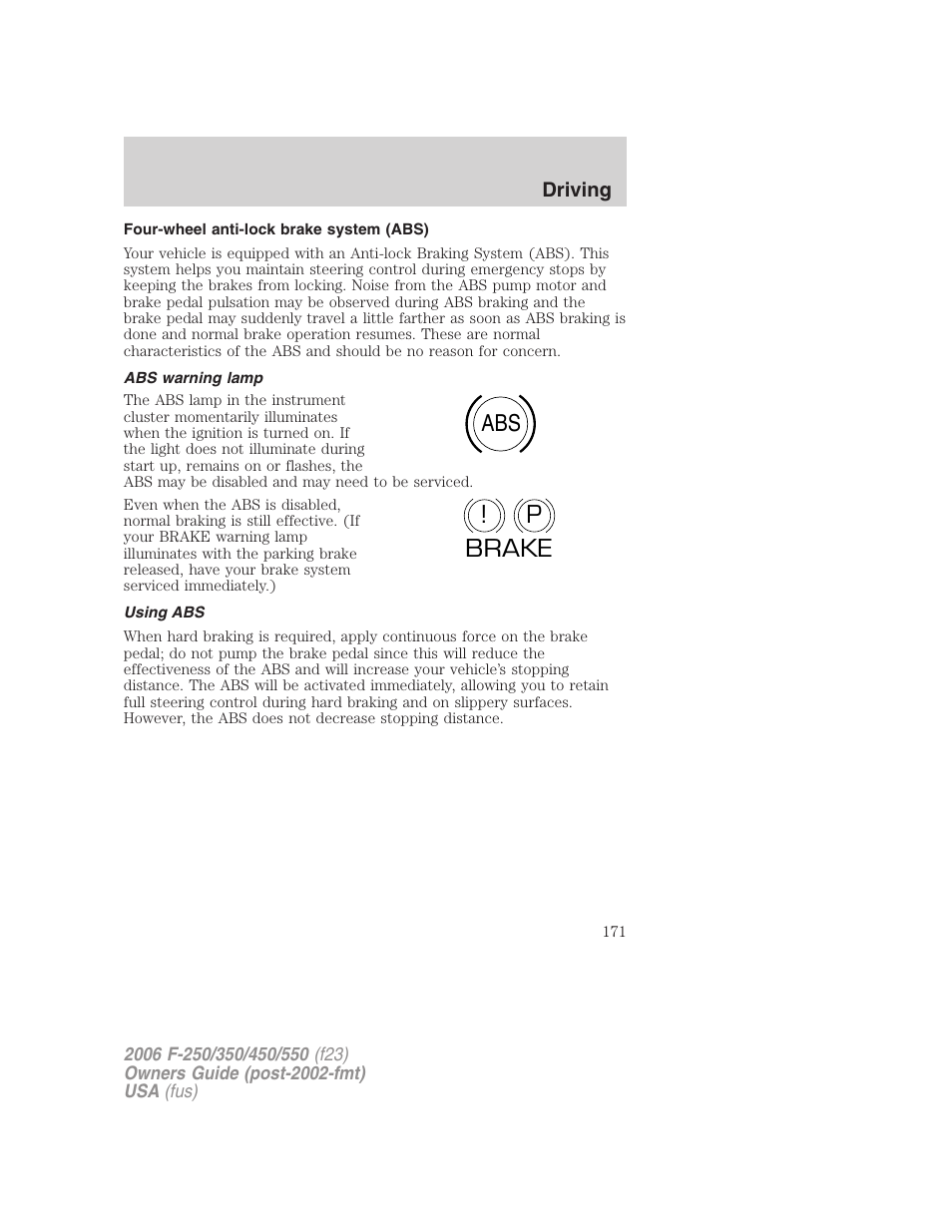 Four-wheel anti-lock brake system (abs), Abs warning lamp, Using abs | Abs p ! brake | FORD 2006 F-550 v.1 User Manual | Page 171 / 312