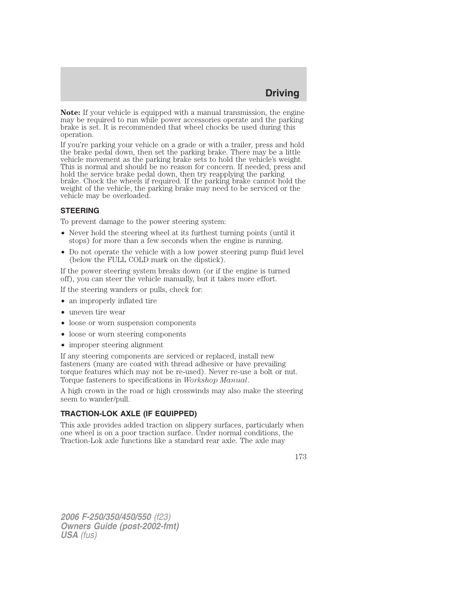 Steering, Traction-lok axle (if equipped), Driving | FORD 2006 F-550 v.1 User Manual | Page 173 / 312